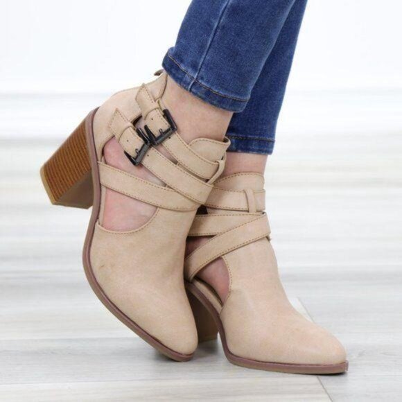 Ankle Boot Block Heel Buckle Straps Pointed Toe Sleek Cutout Back Zipper Taupe - Picture 9 of 11